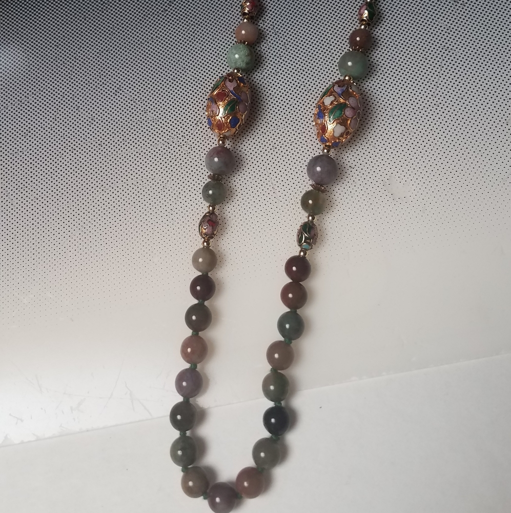 Forest  jade beads multi colored real jade  4 cloisonne beads 30 in necklace
